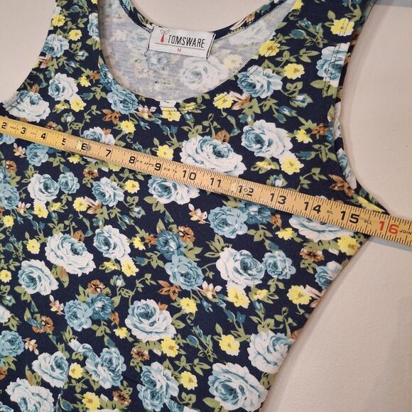Tomsware Sz Med Jersey Stretch Blue Yellow Floral Sleeveless Y2K Skater Dress - Picture 5 of 8